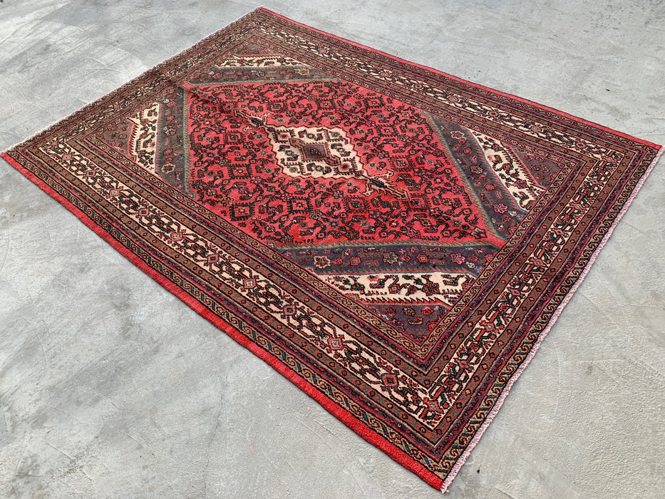 Handgemaakt Perzisch wollen vloerkleed 7x10 - Rood, ivoor & houtskool traditioneel geometrisch medaillon Perzische stijl kleed - Exacte afmeting 9'9" x 7'0" - KBHM-1033