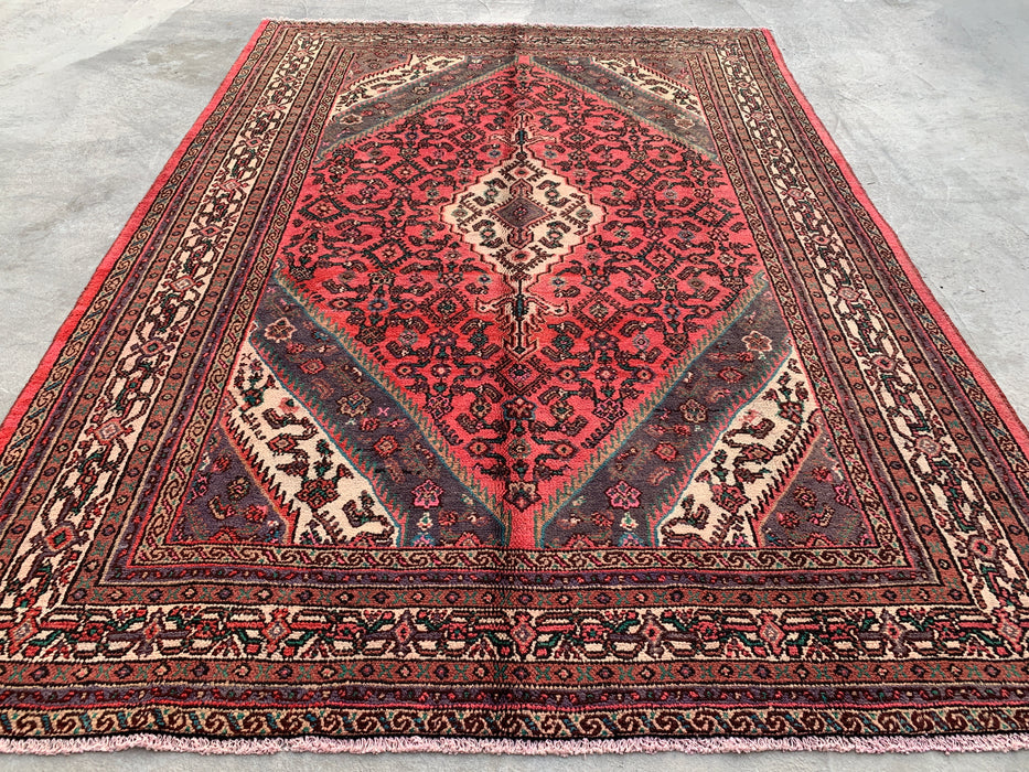 Handgemaakt Perzisch wollen vloerkleed 7x10 - Rood, ivoor & houtskool traditioneel geometrisch medaillon Perzische stijl kleed - Exacte afmeting 9'9" x 7'0" - KBHM-1033