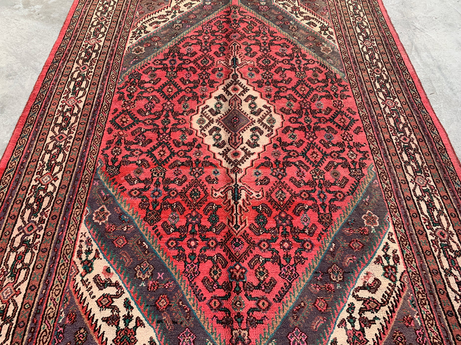 Handgemaakt Perzisch wollen vloerkleed 7x10 - Rood, ivoor & houtskool traditioneel geometrisch medaillon Perzische stijl kleed - Exacte afmeting 9'9" x 7'0" - KBHM-1033
