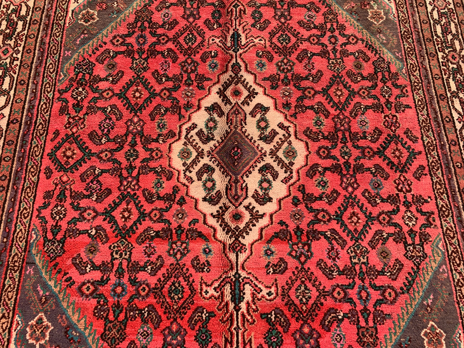 Handgemaakt Perzisch wollen vloerkleed 7x10 - Rood, ivoor & houtskool traditioneel geometrisch medaillon Perzische stijl kleed - Exacte afmeting 9'9" x 7'0" - KBHM-1033