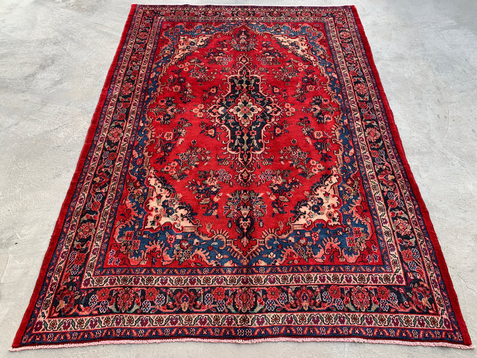 Handgemaakt Perzisch wollen vloerkleed 7x10 - Rood, blauw & ivoor traditioneel medaillon Perzisch stijl kleed - Exacte afmetingen 9'11" x 7'0" - KBHM-1034
