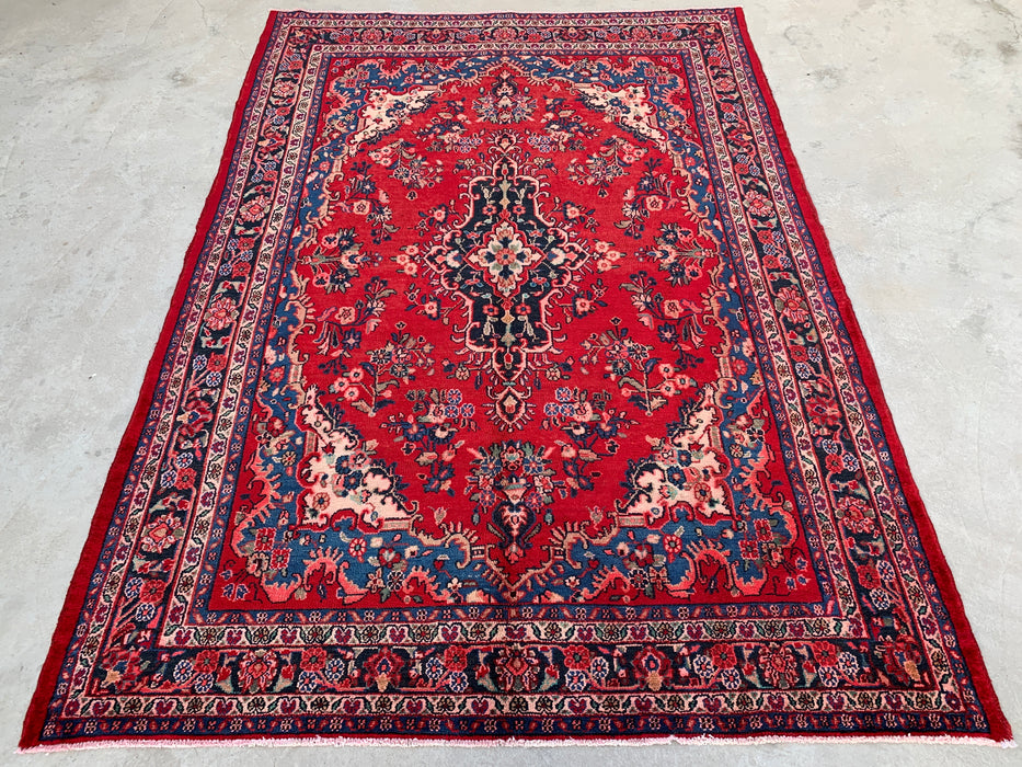 Handgemaakt Perzisch wollen vloerkleed 7x10 - Rood, blauw & ivoor traditioneel medaillon Perzisch stijl kleed - Exacte afmetingen 9'11" x 7'0" - KBHM-1034