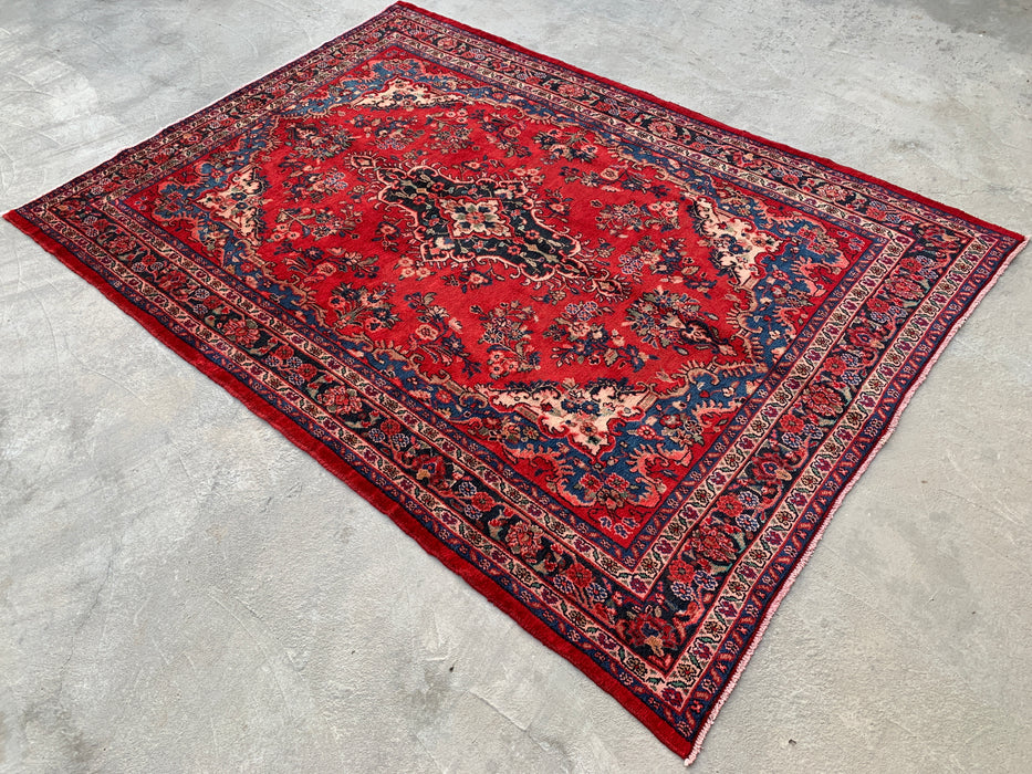 Handgemaakt Perzisch wollen vloerkleed 7x10 - Rood, blauw & ivoor traditioneel medaillon Perzisch stijl kleed - Exacte afmetingen 9'11" x 7'0" - KBHM-1034