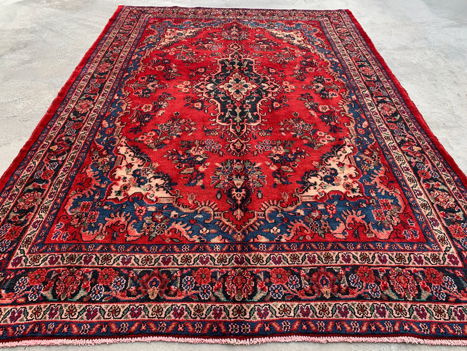 Handgemaakt Perzisch wollen vloerkleed 7x10 - Rood, blauw & ivoor traditioneel medaillon Perzisch stijl kleed - Exacte afmetingen 9'11" x 7'0" - KBHM-1034