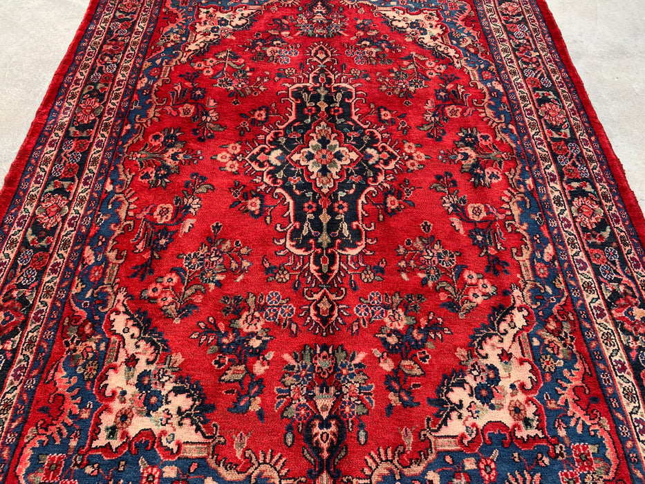 Handgemaakt Perzisch wollen vloerkleed 7x10 - Rood, blauw & ivoor traditioneel medaillon Perzisch stijl kleed - Exacte afmetingen 9'11" x 7'0" - KBHM-1034