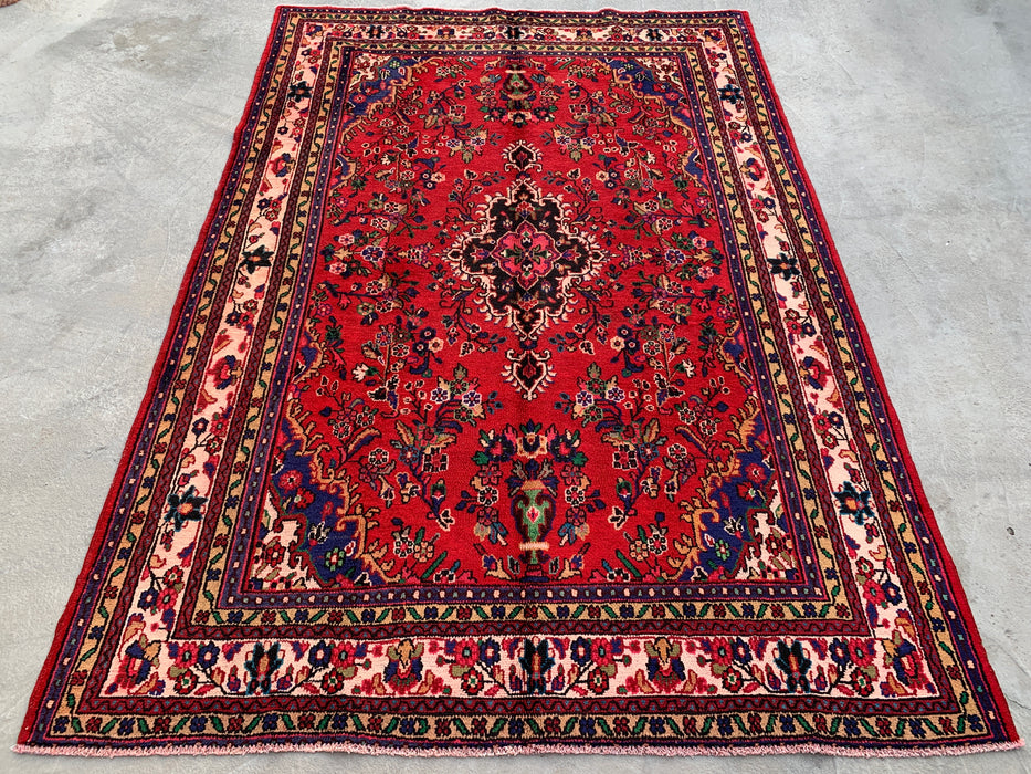 Handgemaakt Perzisch wollen vloerkleed 7x10 - Rood, marineblauw & ivoorkleurig traditioneel Perzisch kleed met medaillon - Exacte afmeting 9'9" x 6'8" - KBHM-1035
