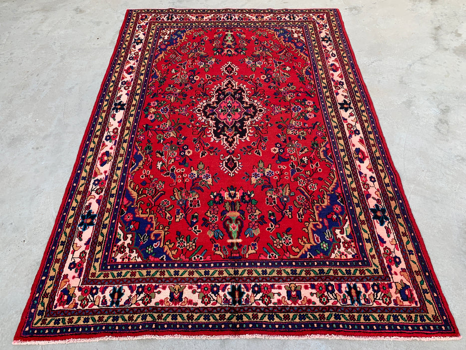 Handgemaakt Perzisch wollen vloerkleed 7x10 - Rood, marineblauw & ivoorkleurig traditioneel Perzisch kleed met medaillon - Exacte afmeting 9'9" x 6'8" - KBHM-1035
