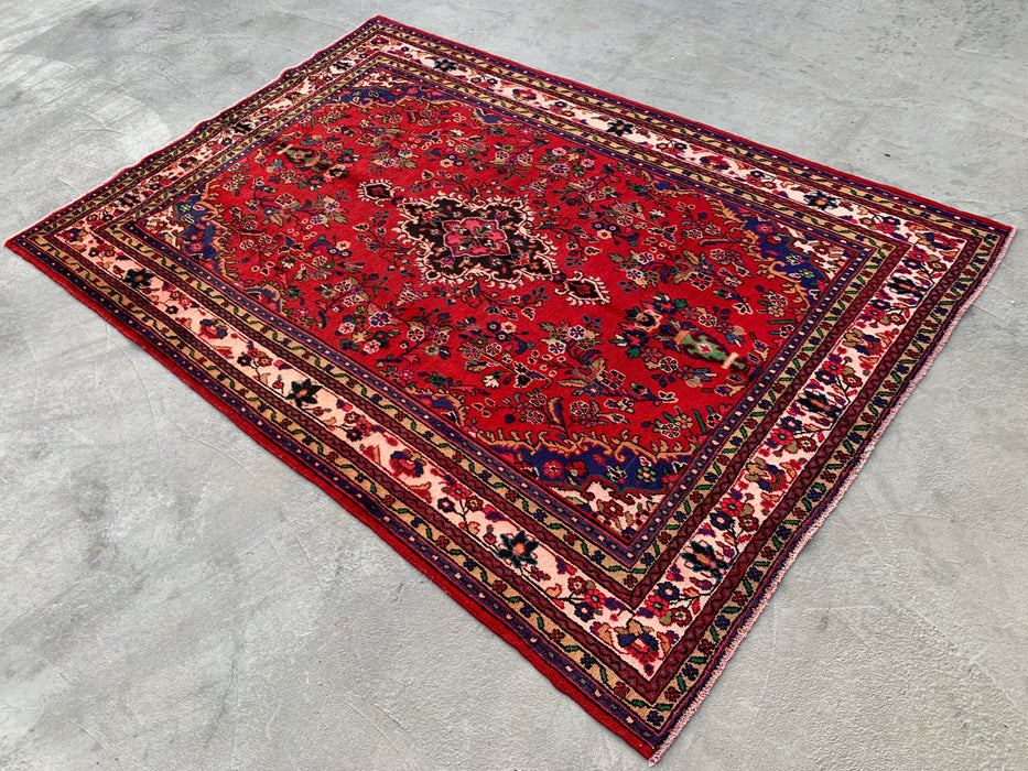 Handgemaakt Perzisch wollen vloerkleed 7x10 - Rood, marineblauw & ivoorkleurig traditioneel Perzisch kleed met medaillon - Exacte afmeting 9'9" x 6'8" - KBHM-1035