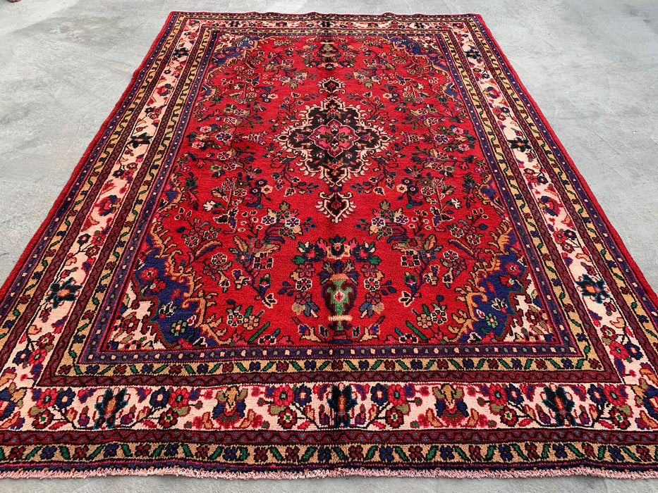 Handgemaakt Perzisch wollen vloerkleed 7x10 - Rood, marineblauw & ivoorkleurig traditioneel Perzisch kleed met medaillon - Exacte afmeting 9'9" x 6'8" - KBHM-1035