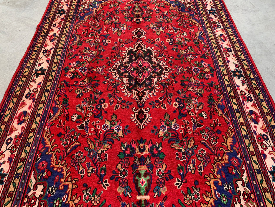 Handgemaakt Perzisch wollen vloerkleed 7x10 - Rood, marineblauw & ivoorkleurig traditioneel Perzisch kleed met medaillon - Exacte afmeting 9'9" x 6'8" - KBHM-1035
