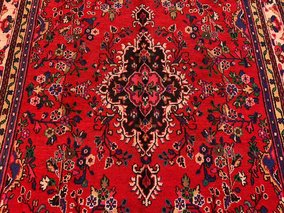Handgemaakt Perzisch wollen vloerkleed 7x10 - Rood, marineblauw & ivoorkleurig traditioneel Perzisch kleed met medaillon - Exacte afmeting 9'9" x 6'8" - KBHM-1035