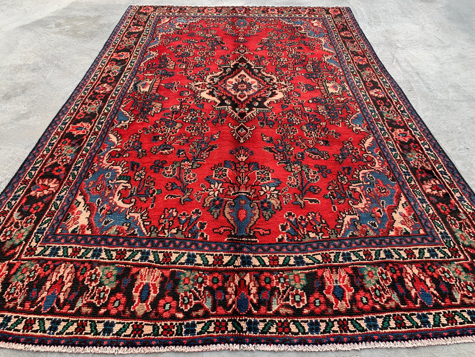 Handmade Persian Wool Area Rug 7x10 - Red, Navy & Ivory Traditional Medallion Persian Style Rug - Exact Size 9'7" x 6'4" - KBHM-1036