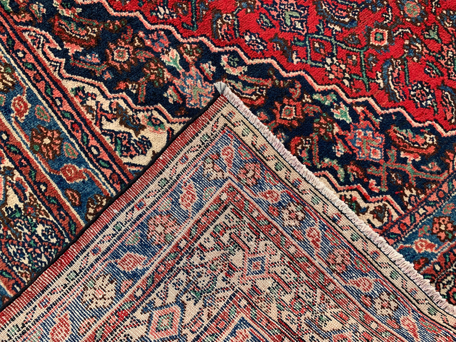 Handgemaakt Perzisch wollen vloerkleed 7x10 - Rood, blauw en ivoorkleurig traditioneel Perzisch kleed met geometrisch medaillon - Exacte afmetingen 10'5" x 7'0" - KBHM-1038