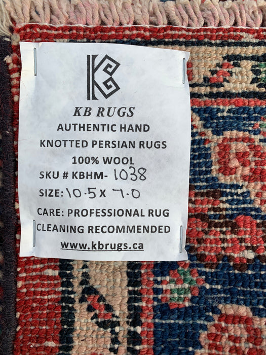 Handgemaakt Perzisch wollen vloerkleed 7x10 - Rood, blauw en ivoorkleurig traditioneel Perzisch kleed met geometrisch medaillon - Exacte afmetingen 10'5" x 7'0" - KBHM-1038