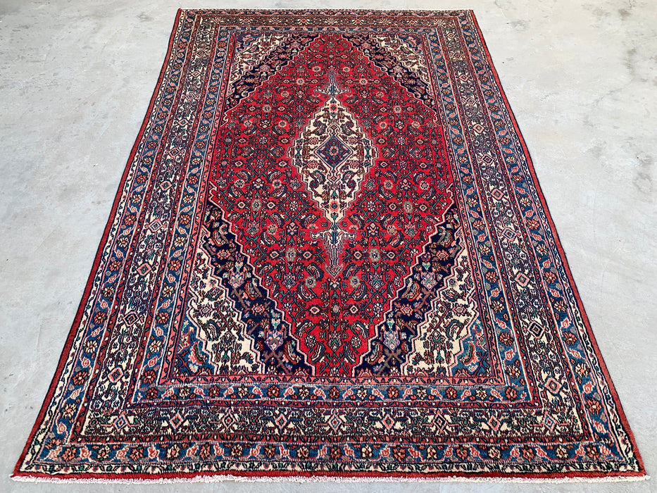 Handgemaakt Perzisch wollen vloerkleed 7x10 - Rood, blauw en ivoorkleurig traditioneel Perzisch kleed met geometrisch medaillon - Exacte afmetingen 10'5" x 7'0" - KBHM-1038