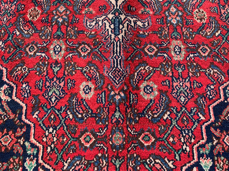 Handgemaakt Perzisch wollen vloerkleed 7x10 - Rood, blauw en ivoorkleurig traditioneel Perzisch kleed met geometrisch medaillon - Exacte afmetingen 10'5" x 7'0" - KBHM-1038