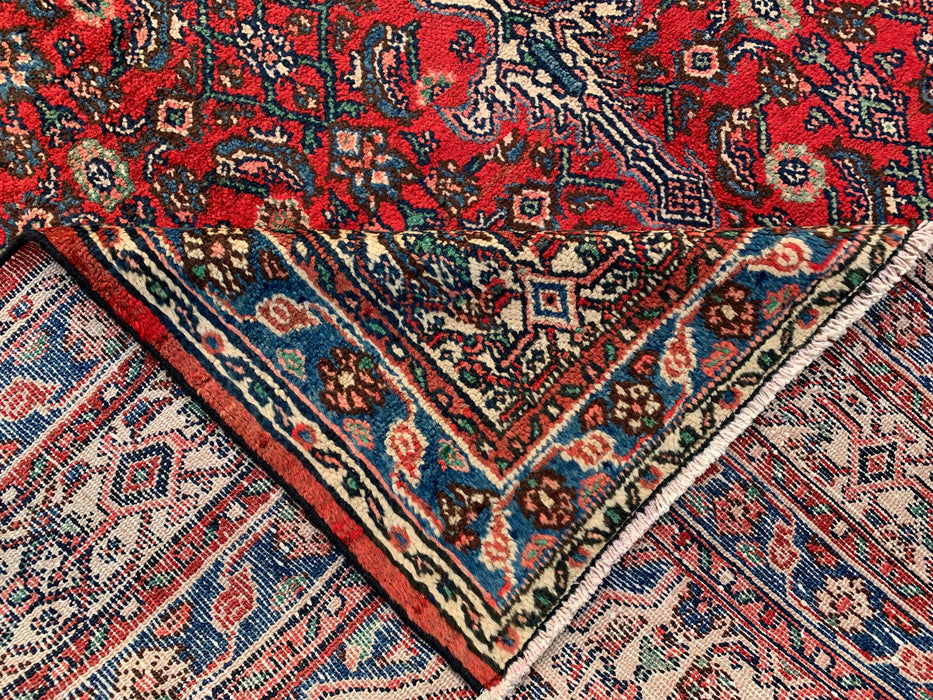 Handgemaakt Perzisch wollen vloerkleed 7x10 - Rood, blauw en ivoorkleurig traditioneel Perzisch kleed met geometrisch medaillon - Exacte afmetingen 10'5" x 7'0" - KBHM-1038