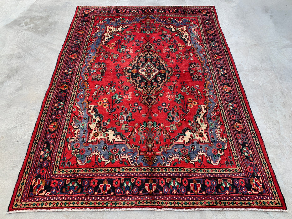 Handgemaakt Perzisch wollen vloerkleed 7x10 - Rood, blauw & ivoor traditioneel medaillon Perzisch stijl kleed - Exacte afmeting 10'0" x 7'3" - KBHM-1039