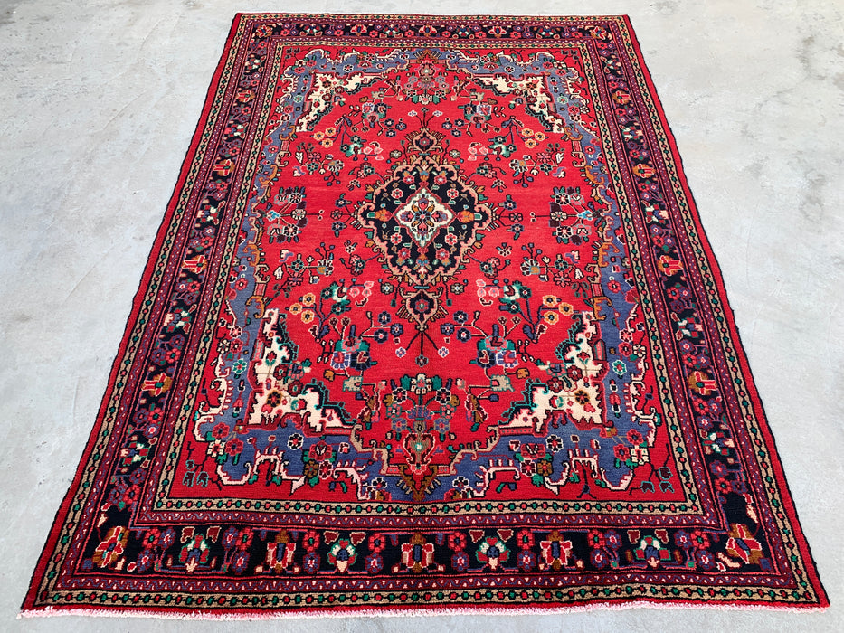Handgemaakt Perzisch wollen vloerkleed 7x10 - Rood, blauw & ivoor traditioneel medaillon Perzisch stijl kleed - Exacte afmeting 10'0" x 7'3" - KBHM-1039