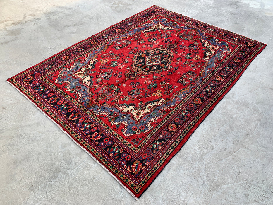 Handgemaakt Perzisch wollen vloerkleed 7x10 - Rood, blauw & ivoor traditioneel medaillon Perzisch stijl kleed - Exacte afmeting 10'0" x 7'3" - KBHM-1039