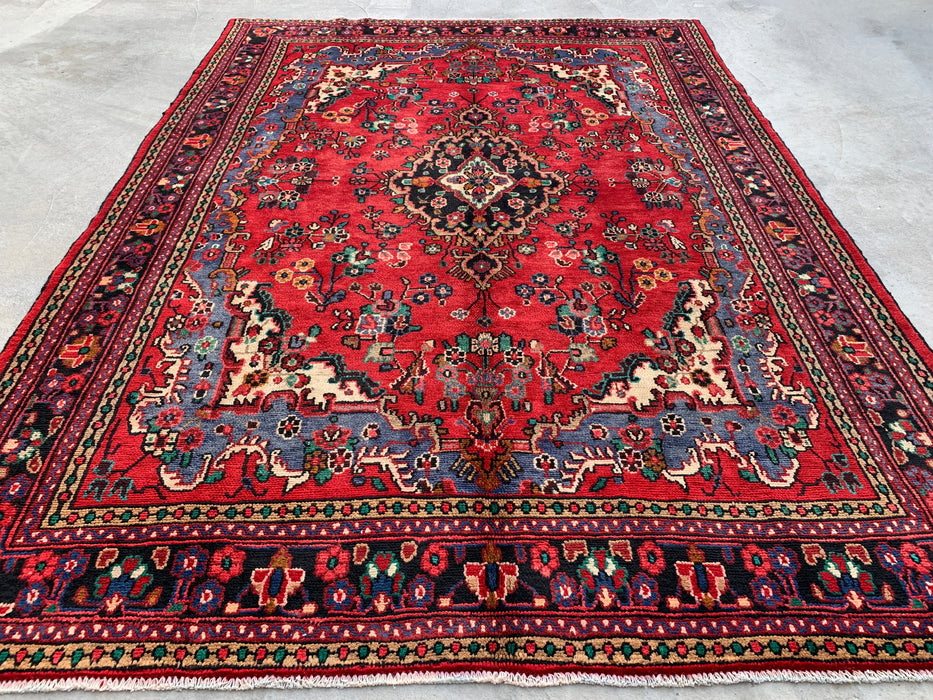 Handgemaakt Perzisch wollen vloerkleed 7x10 - Rood, blauw & ivoor traditioneel medaillon Perzisch stijl kleed - Exacte afmeting 10'0" x 7'3" - KBHM-1039