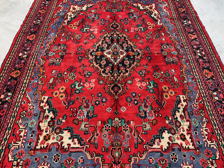 Handgemaakt Perzisch wollen vloerkleed 7x10 - Rood, blauw & ivoor traditioneel medaillon Perzisch stijl kleed - Exacte afmeting 10'0" x 7'3" - KBHM-1039