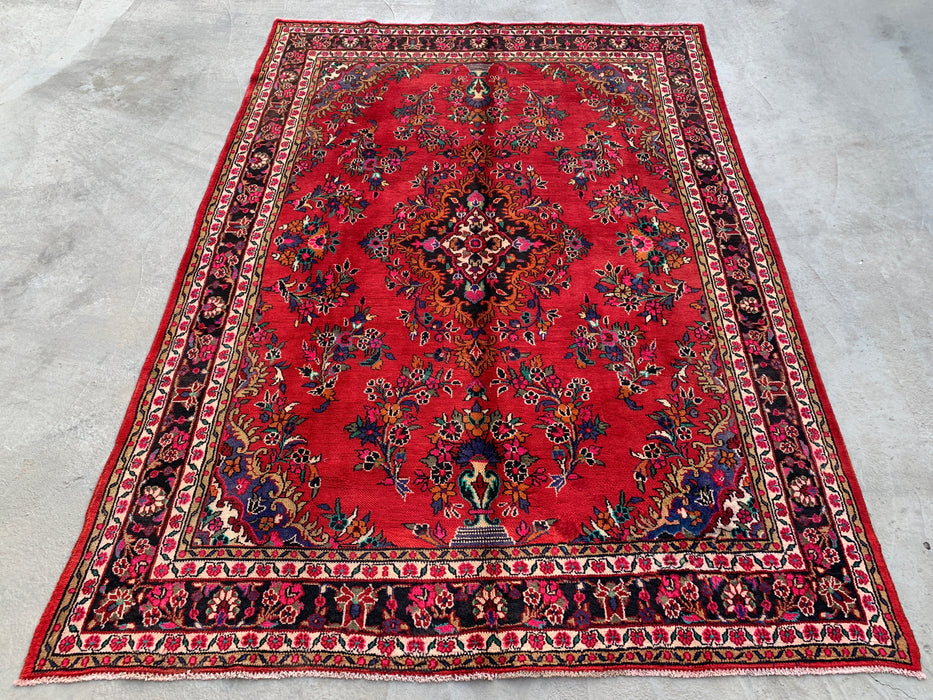 Handgemaakt Perzisch wollen vloerkleed 210x300 cm - Rood, marineblauw & ivoor traditioneel bloemenmedaillon Perzische stijl kleed - Exacte maat 297 cm x 211 cm - KBHM-1041