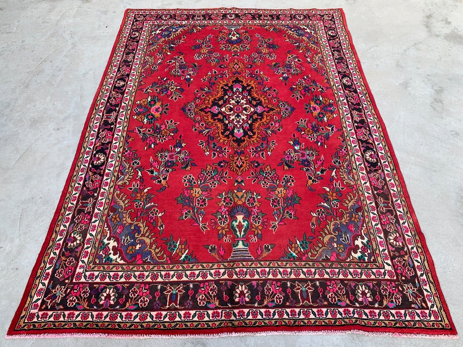 Handgemaakt Perzisch wollen vloerkleed 7x10 - Rood, blauw & ivoorkleurig traditioneel medaillon Perzisch stijl tapijt - Exacte afmeting 315 cm x 211 cm - KBHM-1040