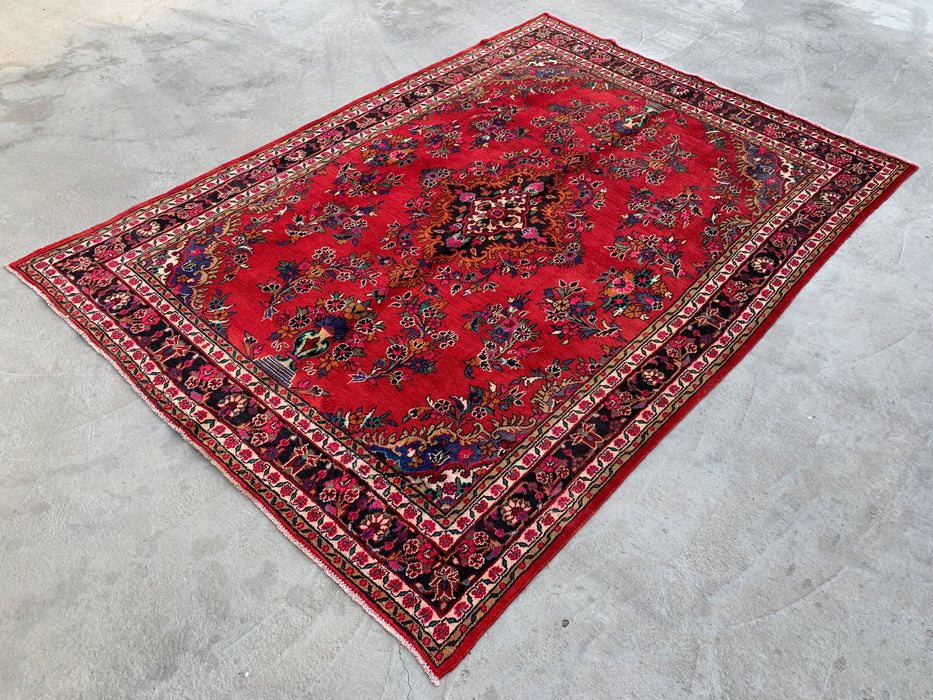 Handgemaakt Perzisch wollen vloerkleed 7x10 - Rood, blauw & ivoorkleurig traditioneel medaillon Perzisch stijl tapijt - Exacte afmeting 315 cm x 211 cm - KBHM-1040