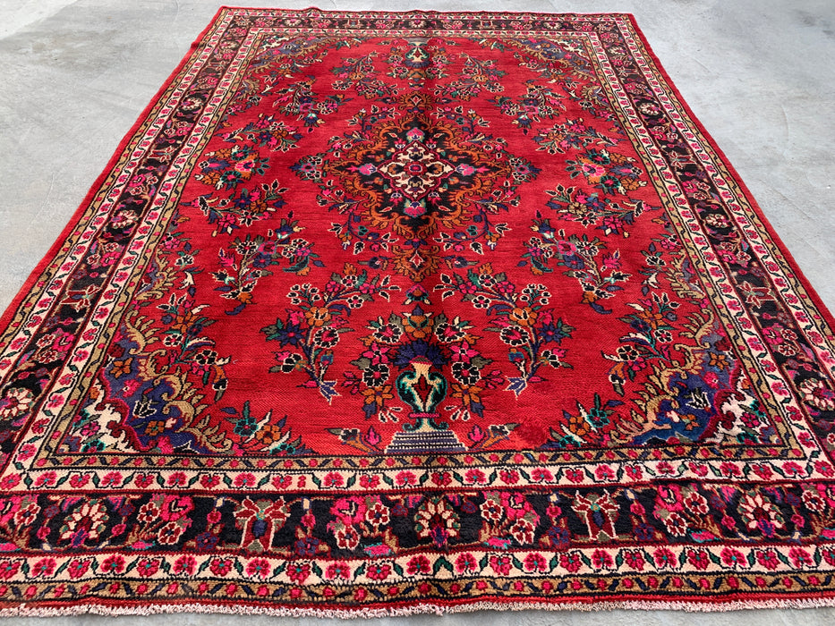 Handgemaakt Perzisch wollen vloerkleed 7x10 - Rood, blauw & ivoorkleurig traditioneel medaillon Perzisch stijl tapijt - Exacte afmeting 315 cm x 211 cm - KBHM-1040