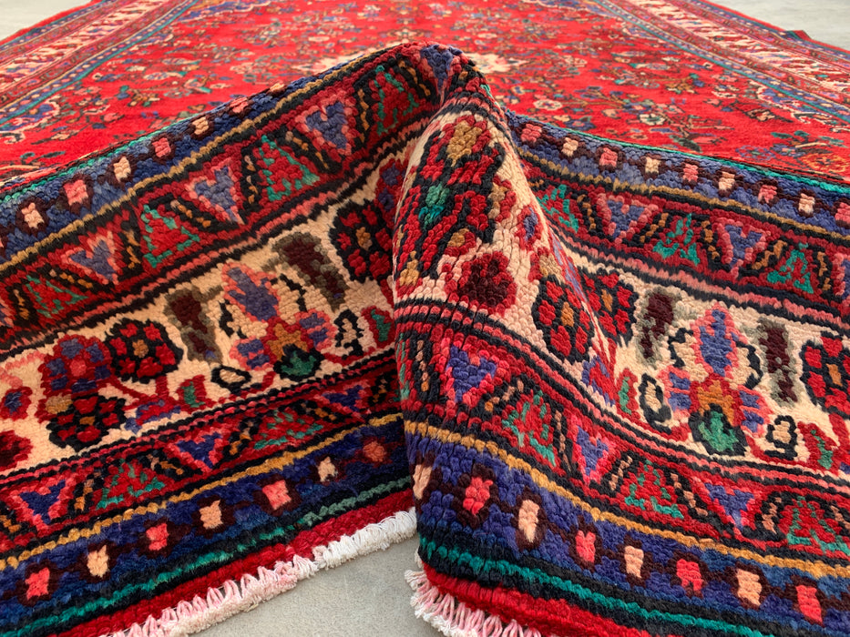 Handgemaakt Perzisch wollen vloerkleed 7x10 - Rood, marineblauw & ivoorkleurig traditioneel medaillon Perzisch stijl kleed - Exacte afmeting 10'1" x 6'10" - KBHM-1042