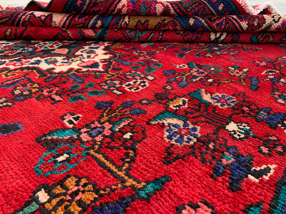 Handgemaakt Perzisch wollen vloerkleed 7x10 - Rood, marineblauw & ivoorkleurig traditioneel medaillon Perzisch stijl kleed - Exacte afmeting 10'1" x 6'10" - KBHM-1042
