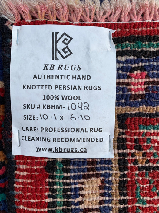 Handgemaakt Perzisch wollen vloerkleed 7x10 - Rood, marineblauw & ivoorkleurig traditioneel medaillon Perzisch stijl kleed - Exacte afmeting 10'1" x 6'10" - KBHM-1042
