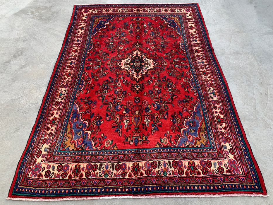 Handgemaakt Perzisch wollen vloerkleed 7x10 - Rood, marineblauw & ivoorkleurig traditioneel medaillon Perzisch stijl kleed - Exacte afmeting 10'1" x 6'10" - KBHM-1042