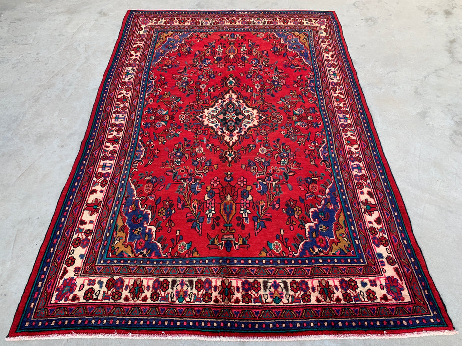 Handgemaakt Perzisch wollen vloerkleed 7x10 - Rood, marineblauw & ivoorkleurig traditioneel medaillon Perzisch stijl kleed - Exacte afmeting 10'1" x 6'10" - KBHM-1042