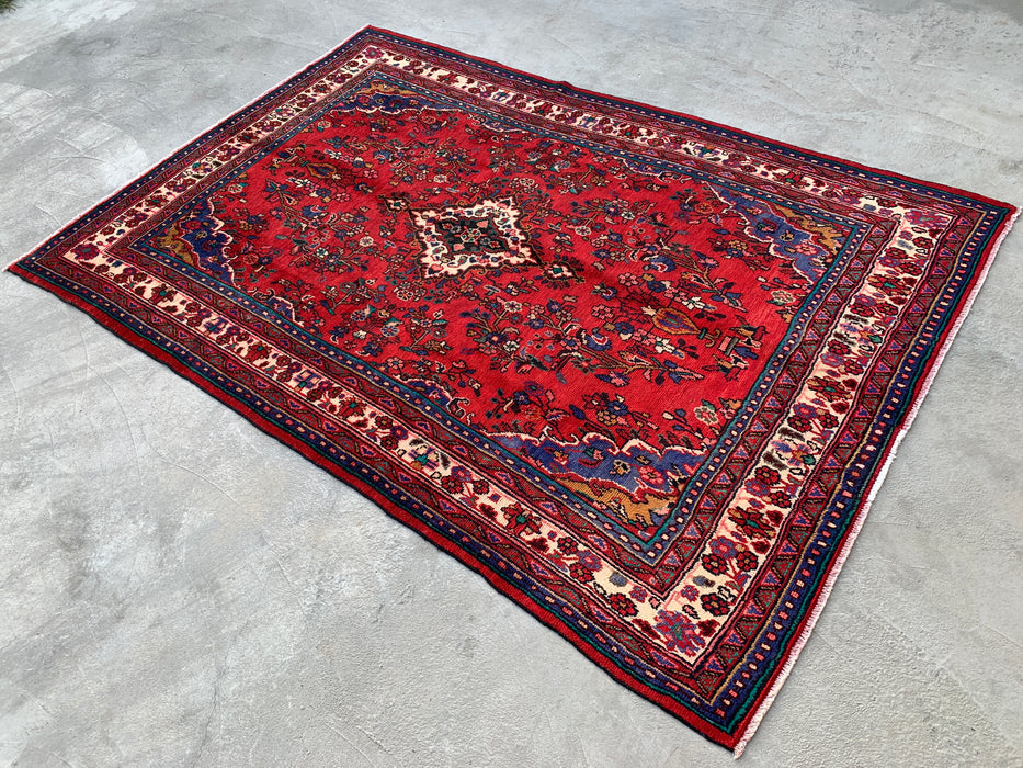Handgemaakt Perzisch wollen vloerkleed 7x10 - Rood, marineblauw & ivoorkleurig traditioneel medaillon Perzisch stijl kleed - Exacte afmeting 10'1" x 6'10" - KBHM-1042