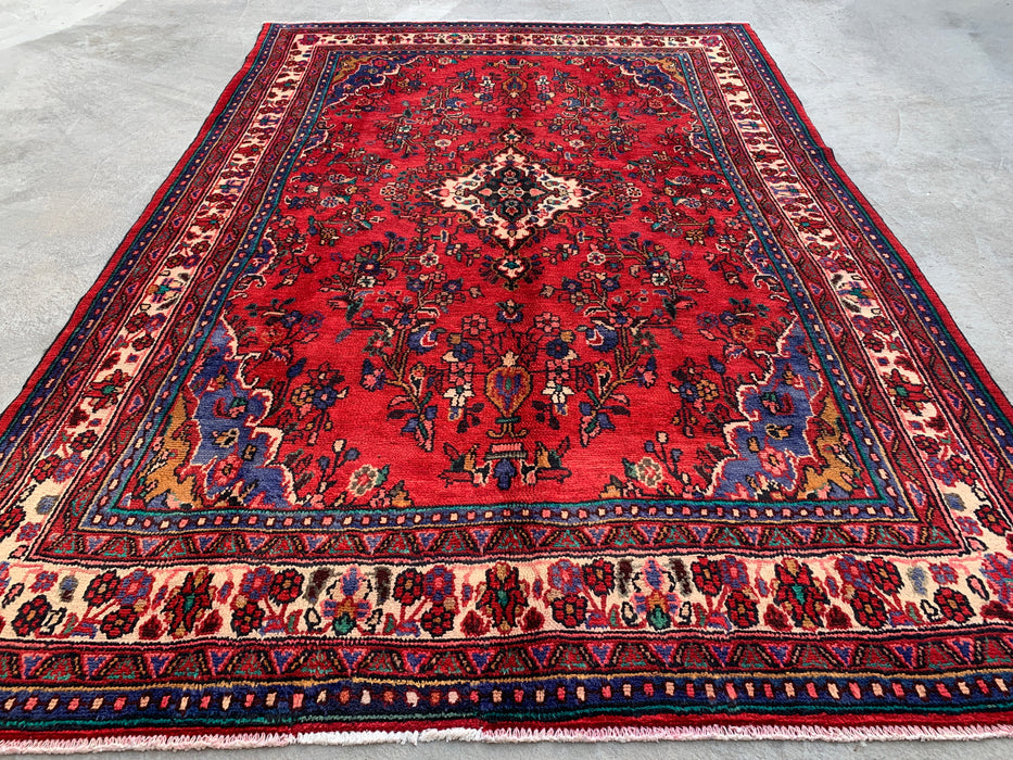 Handgemaakt Perzisch wollen vloerkleed 7x10 - Rood, marineblauw & ivoorkleurig traditioneel medaillon Perzisch stijl kleed - Exacte afmeting 10'1" x 6'10" - KBHM-1042