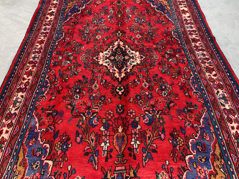 Handgemaakt Perzisch wollen vloerkleed 7x10 - Rood, marineblauw & ivoorkleurig traditioneel medaillon Perzisch stijl kleed - Exacte afmeting 10'1" x 6'10" - KBHM-1042