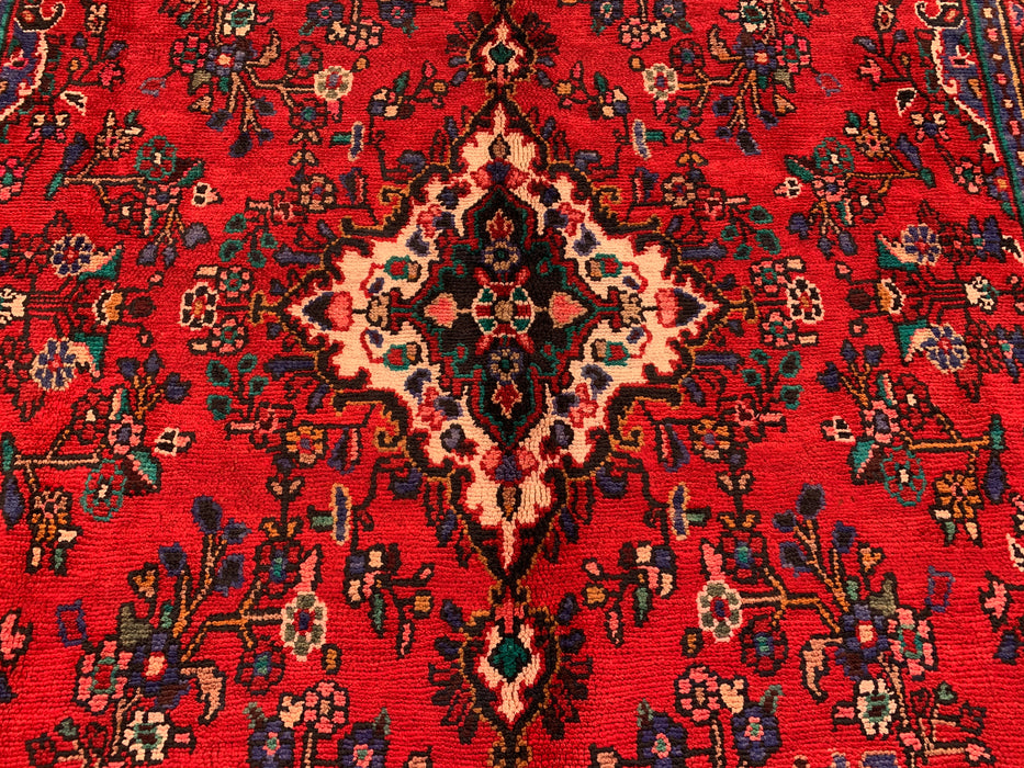 Handgemaakt Perzisch wollen vloerkleed 7x10 - Rood, marineblauw & ivoorkleurig traditioneel medaillon Perzisch stijl kleed - Exacte afmeting 10'1" x 6'10" - KBHM-1042