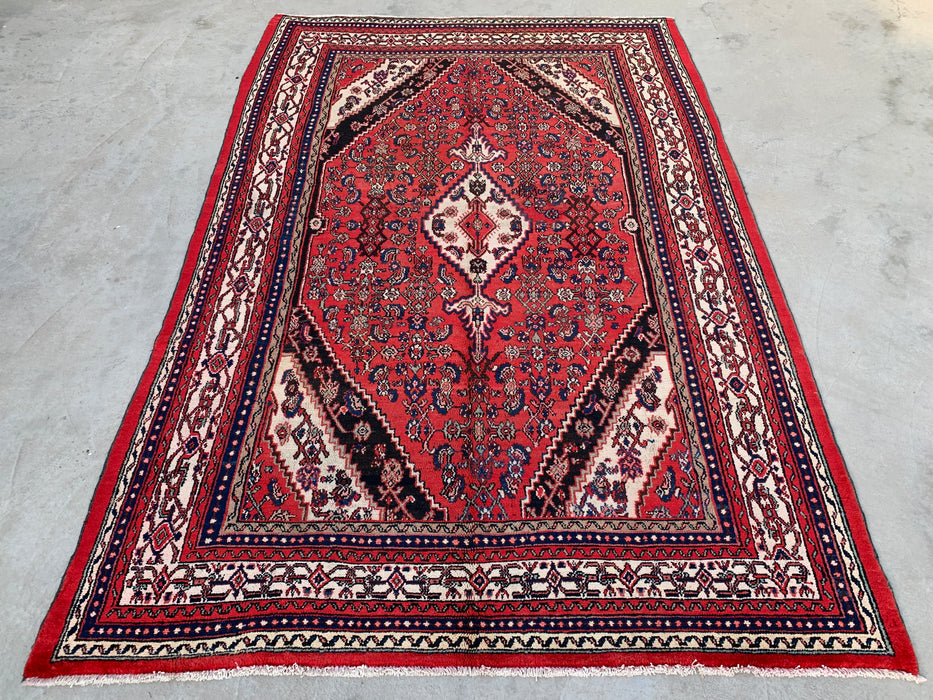 Handgemaakt Perzisch wollen vloerkleed 210x305 cm - Rood, ivoor & marineblauw traditioneel geometrisch medaillon Perzisch stijl kleed - Exacte afmetingen 315 cm x 211 cm - KBHM-1043