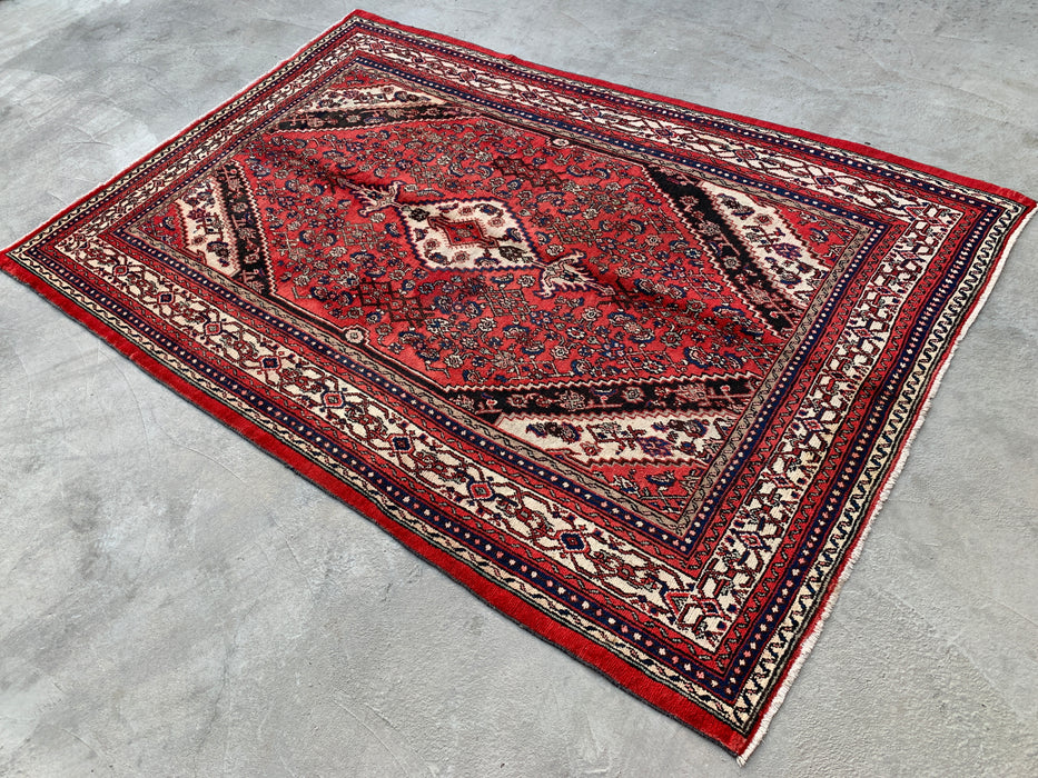 Handgemaakt Perzisch wollen vloerkleed 210x305 cm - Rood, ivoor & marineblauw traditioneel geometrisch medaillon Perzisch stijl kleed - Exacte afmetingen 315 cm x 211 cm - KBHM-1043
