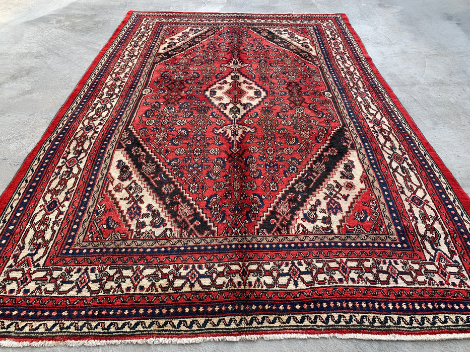 Handgemaakt Perzisch wollen vloerkleed 210x305 cm - Rood, ivoor & marineblauw traditioneel geometrisch medaillon Perzisch stijl kleed - Exacte afmetingen 315 cm x 211 cm - KBHM-1043