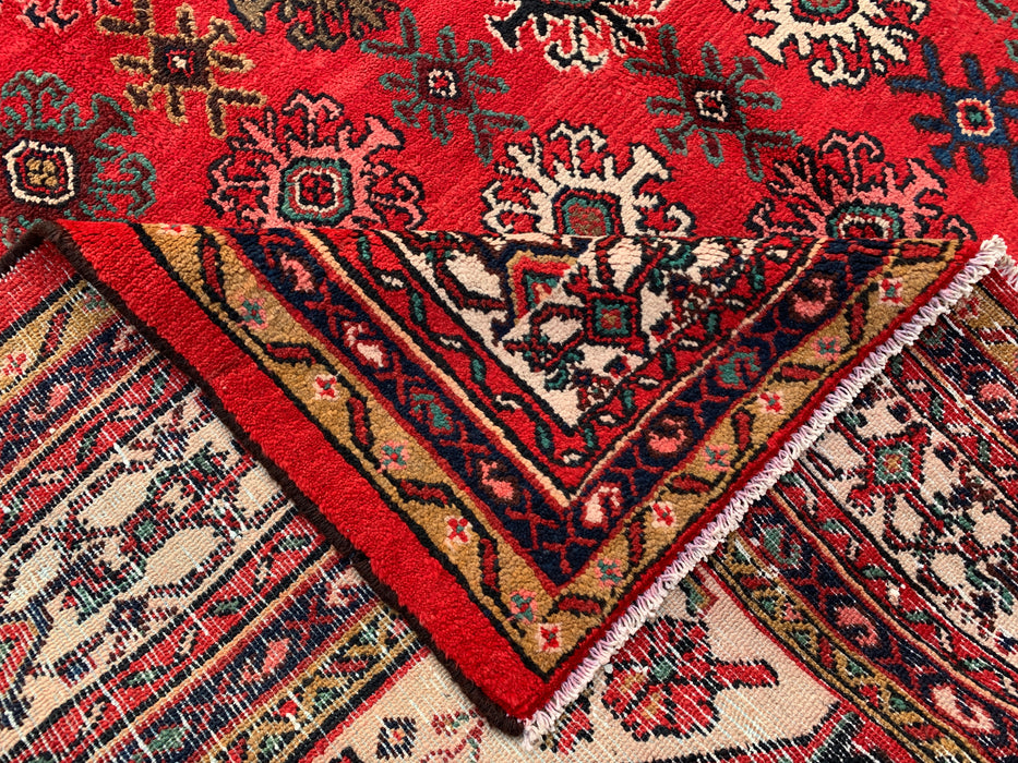 Handgemaakt Perzisch wollen vloerkleed 7x10 - Rood, ivoor & marineblauw traditioneel geometrisch medaillon Perzisch stijl kleed - Exacte afmeting 10'3" x 7'4" - KBHM-1044