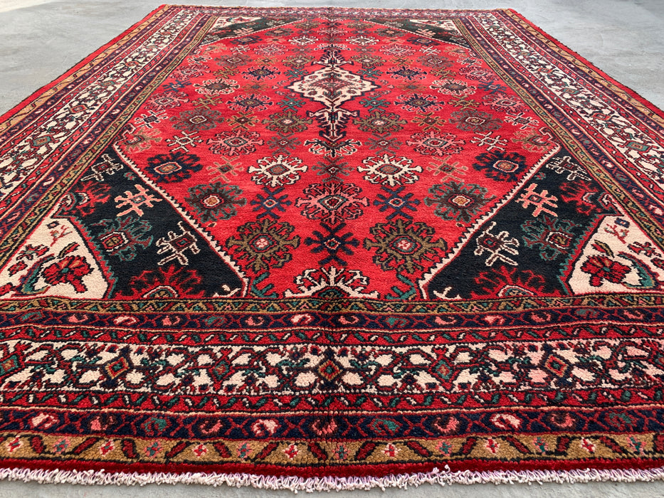 Handgemaakt Perzisch wollen vloerkleed 7x10 - Rood, ivoor & marineblauw traditioneel geometrisch medaillon Perzisch stijl kleed - Exacte afmeting 10'3" x 7'4" - KBHM-1044