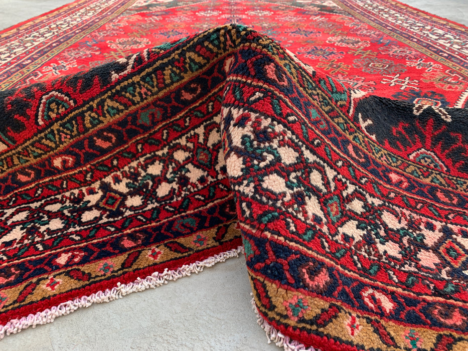 Handgemaakt Perzisch wollen vloerkleed 7x10 - Rood, ivoor & marineblauw traditioneel geometrisch medaillon Perzisch stijl kleed - Exacte afmeting 10'3" x 7'4" - KBHM-1044