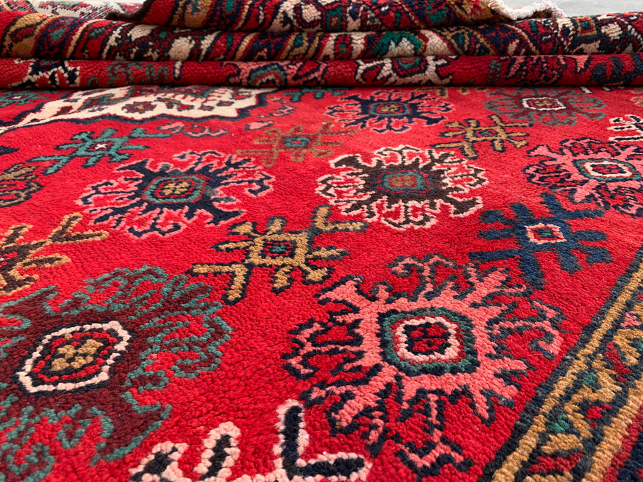 Handgemaakt Perzisch wollen vloerkleed 7x10 - Rood, ivoor & marineblauw traditioneel geometrisch medaillon Perzisch stijl kleed - Exacte afmeting 10'3" x 7'4" - KBHM-1044