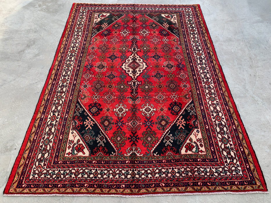 Handgemaakt Perzisch wollen vloerkleed 7x10 - Rood, ivoor & marineblauw traditioneel geometrisch medaillon Perzisch stijl kleed - Exacte afmeting 10'3" x 7'4" - KBHM-1044