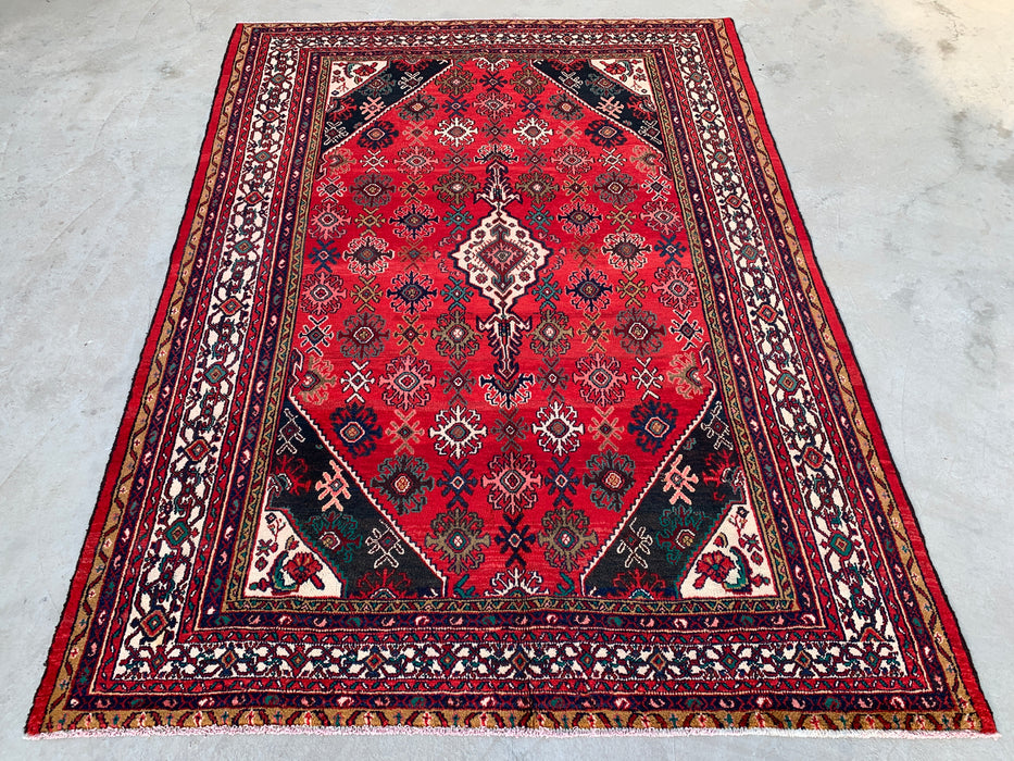 Handgemaakt Perzisch wollen vloerkleed 7x10 - Rood, ivoor & marineblauw traditioneel geometrisch medaillon Perzisch stijl kleed - Exacte afmeting 10'3" x 7'4" - KBHM-1044