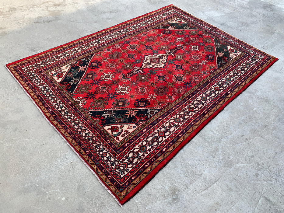Handgemaakt Perzisch wollen vloerkleed 7x10 - Rood, ivoor & marineblauw traditioneel geometrisch medaillon Perzisch stijl kleed - Exacte afmeting 10'3" x 7'4" - KBHM-1044