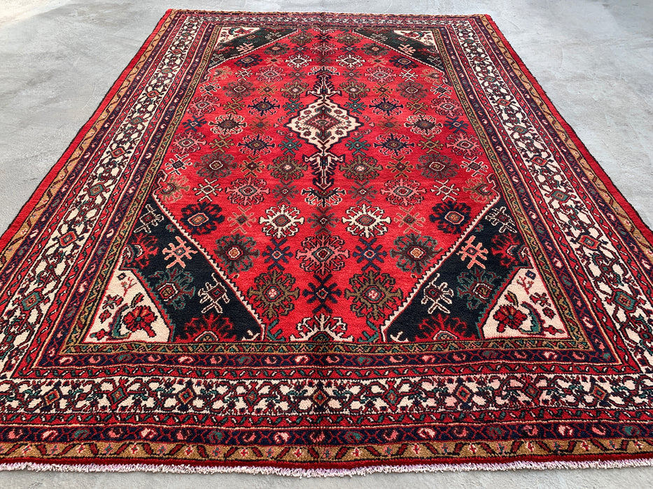 Handgemaakt Perzisch wollen vloerkleed 7x10 - Rood, ivoor & marineblauw traditioneel geometrisch medaillon Perzisch stijl kleed - Exacte afmeting 10'3" x 7'4" - KBHM-1044